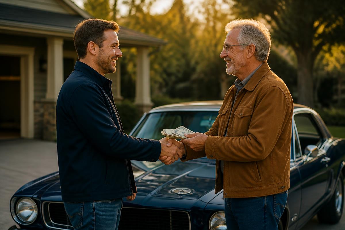 Car buyer and seller exchanging cash